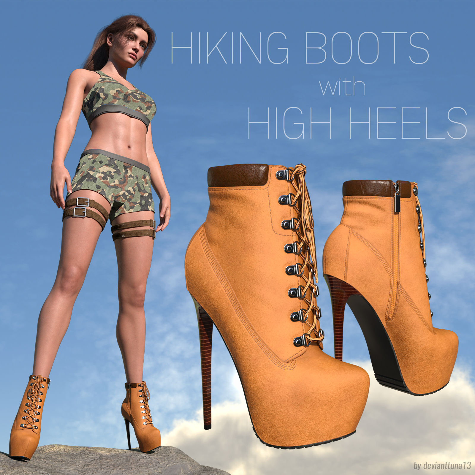 Hiking Boots with High Heels for G8F and G8.1F by: devianttuna13, 3D Models by Daz 3D