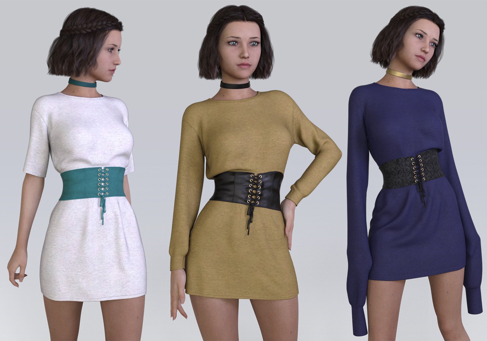 dForce Oversized T-Shirt Dress with Lace Up Corset Belt by: devianttuna13, 3D Models by Daz 3D