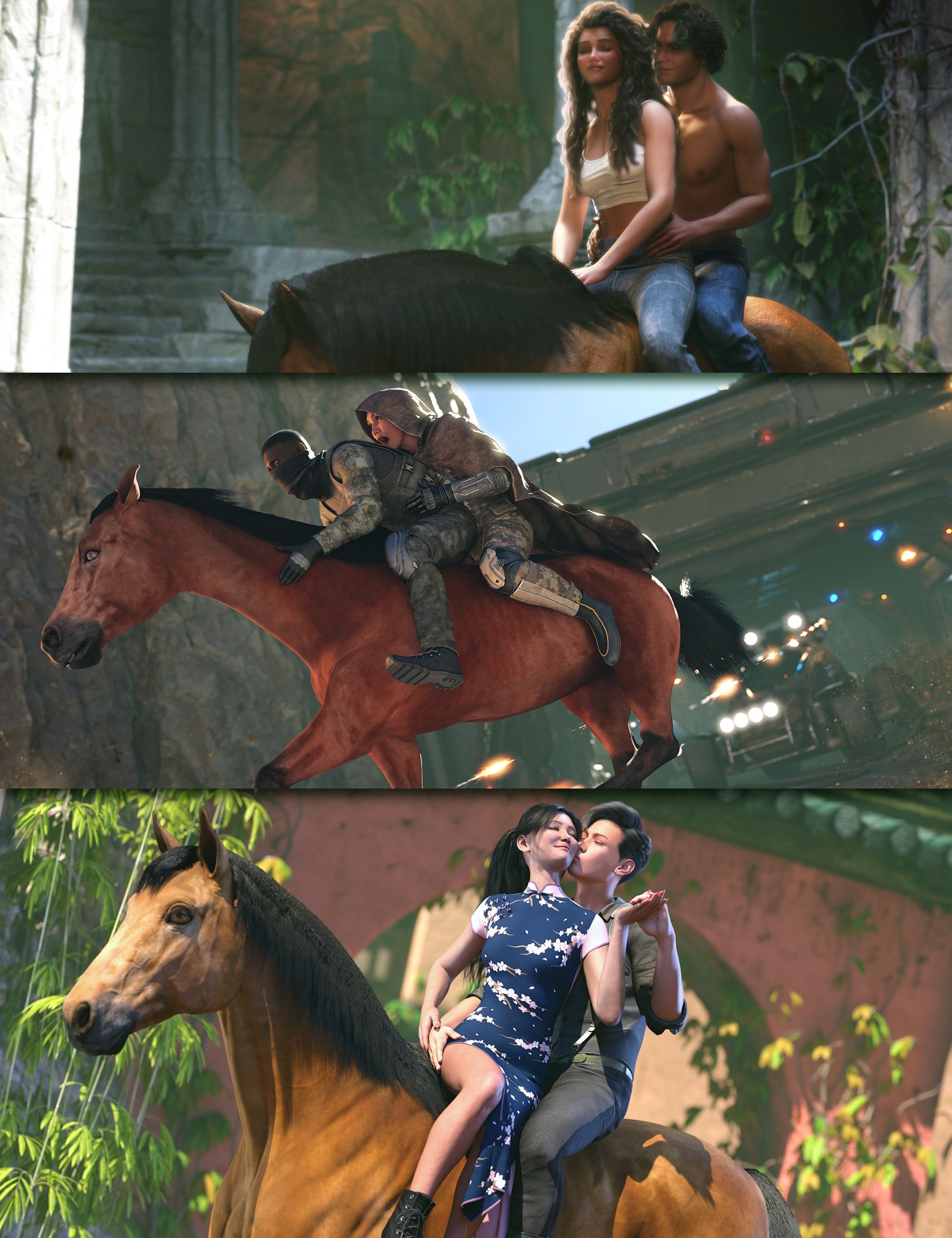 Couple's Horseback Riding Poses for DAZ Horse 3 and Genesis 9 by: Devon, 3D Models by Daz 3D