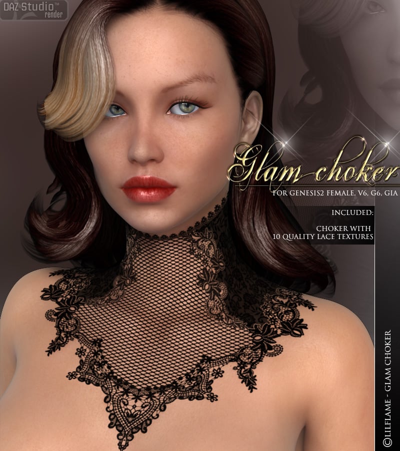 Glam Choker G2F by: Lilflame, 3D Models by Daz 3D