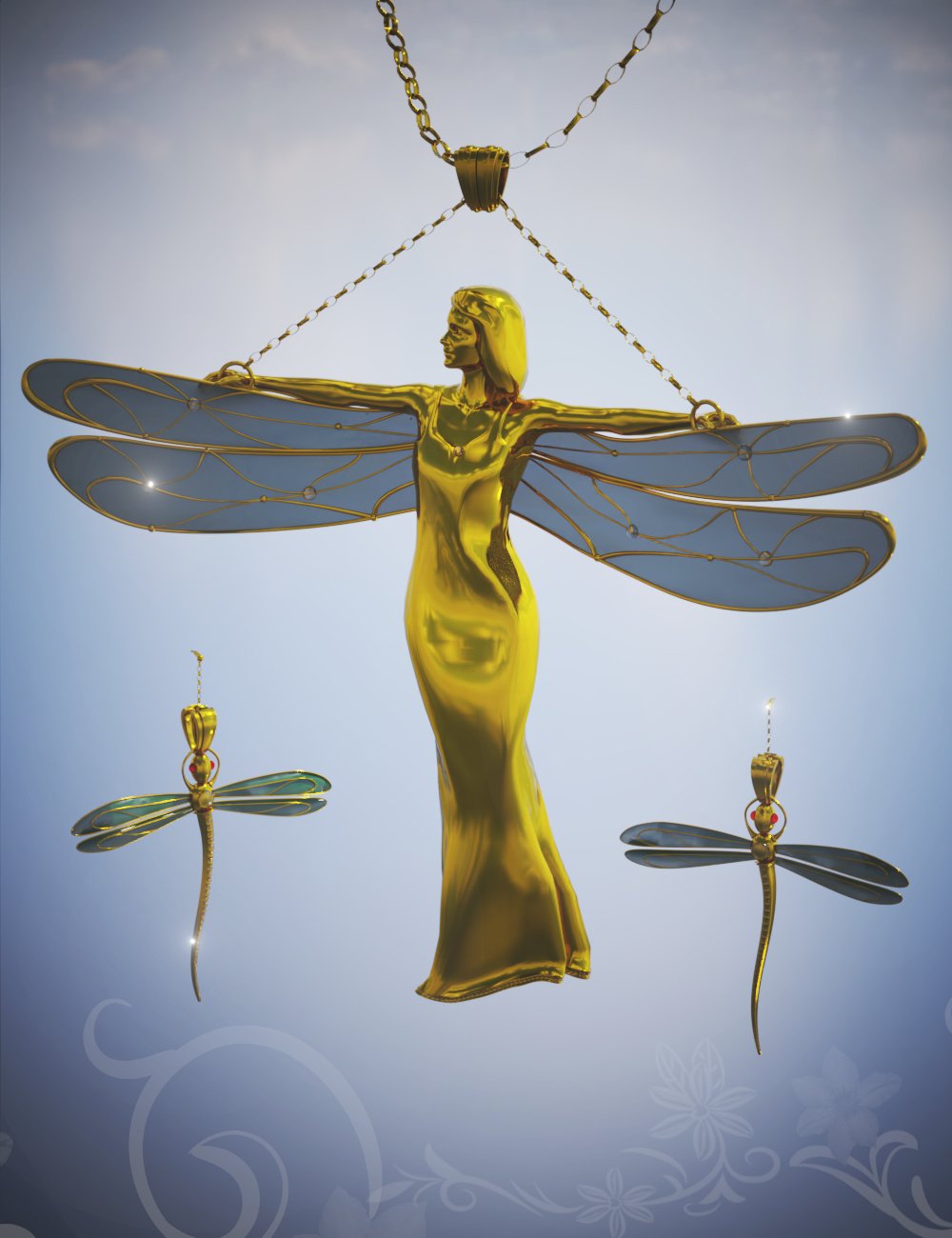 Lady Dragonfly Pendant and Earrings for Genesis 9 and 8 Females by: Fantasyart3D, 3D Models by Daz 3D
