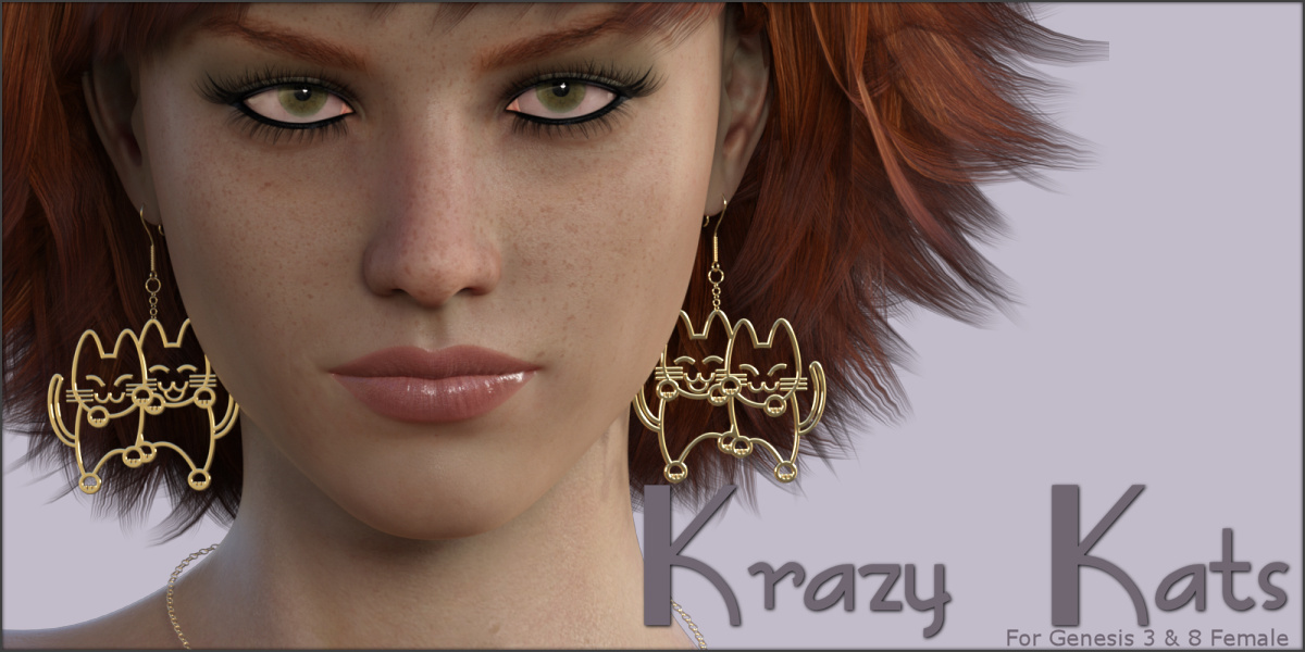 Krazy Kats Earrings & Necklace G3F G8F by: ~Wolfie~, 3D Models by Daz 3D
