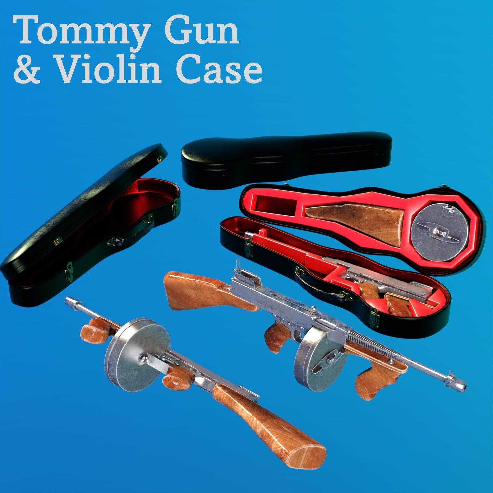 Tommy Gun and Violin Case Props and Poses Daz 3D