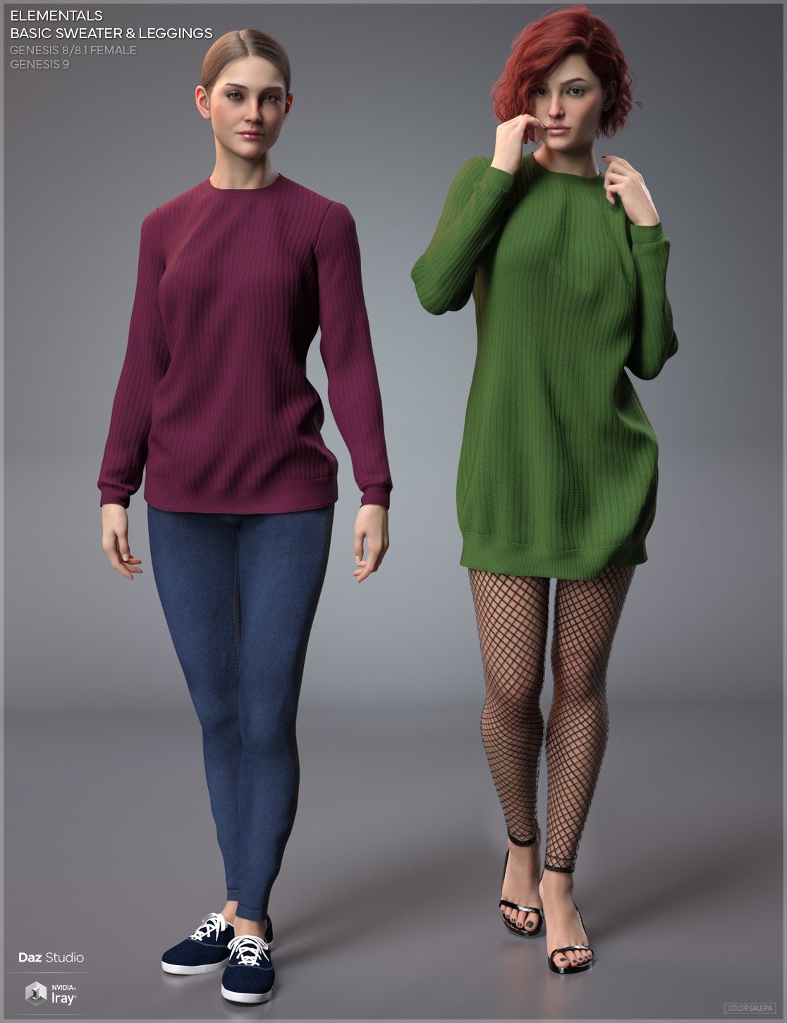 CGI Elementals - Basic Sweater & Leggings for Genesis 8-8.1F and Genesis 9 by: Color Galeria, 3D Models by Daz 3D