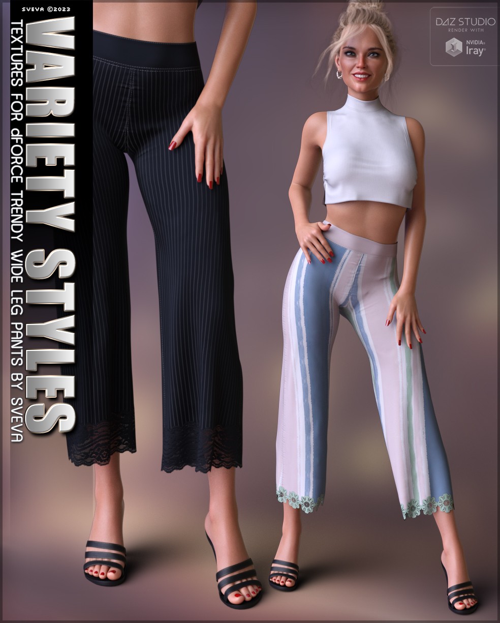 Variety Textures for Trendy Wide Leg Pants by: Sveva, 3D Models by Daz 3D
