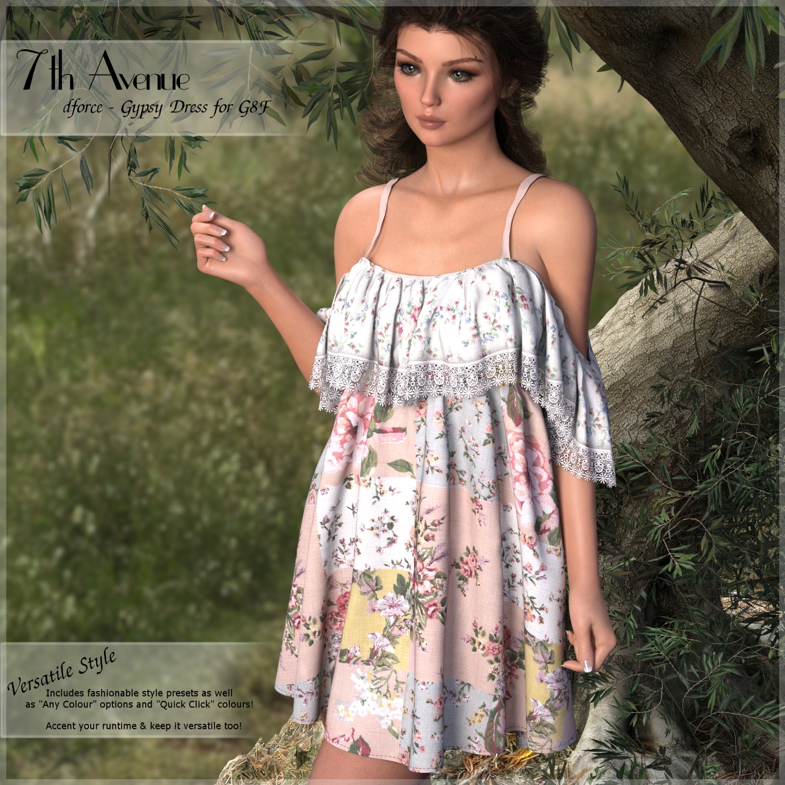 7th Ave: dForce - Gypsy Dress for G8F by: 3-D Arena, 3D Models by Daz 3D