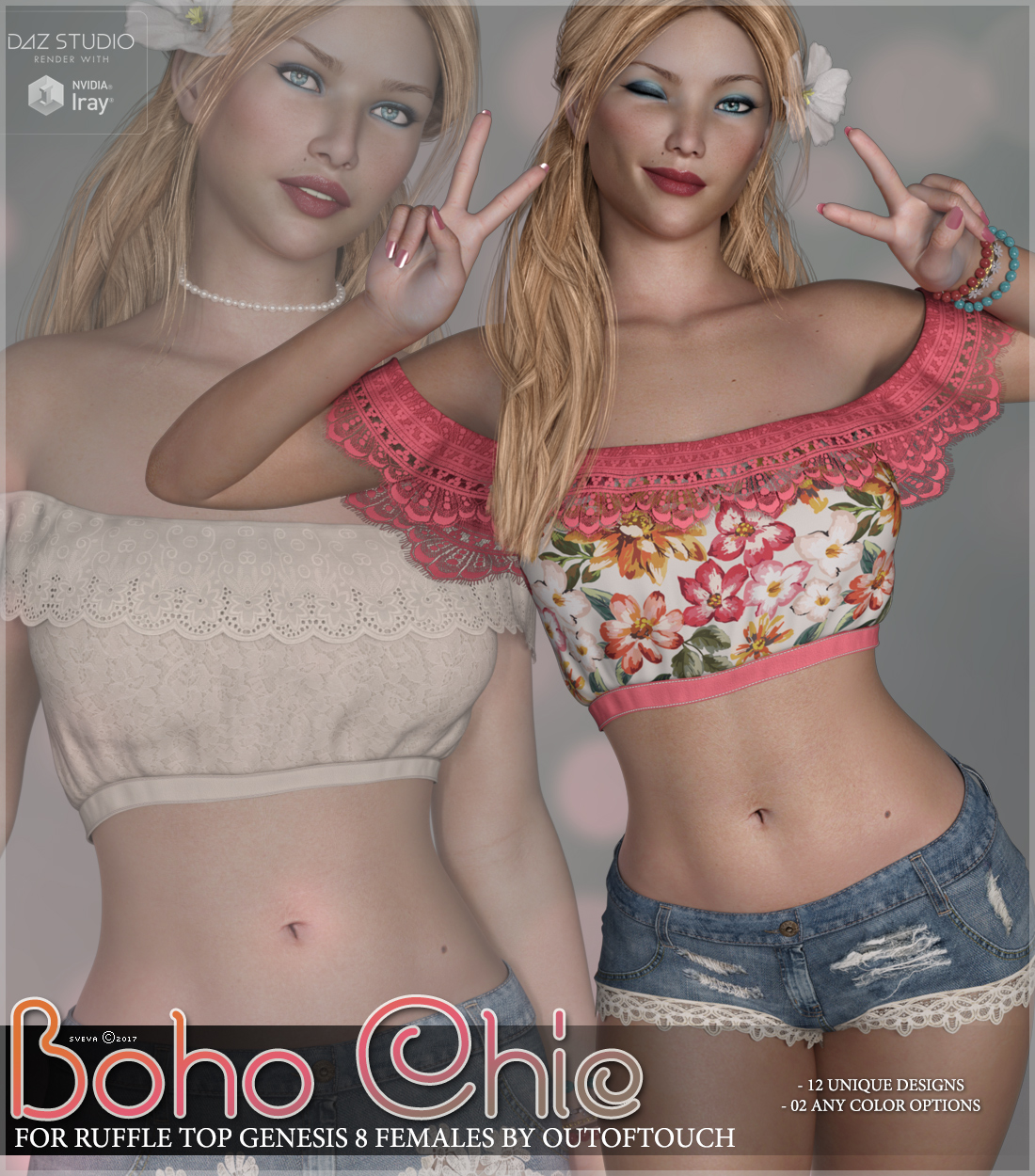 Boho Chic for Ruffle Top Genesis 8 Females by: Sveva, 3D Models by Daz 3D