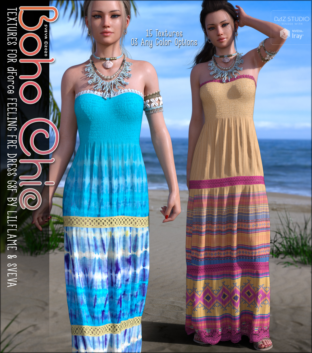 Boho Chic Textures for dForce Feeling Free Dress G8F by: Sveva, 3D Models by Daz 3D