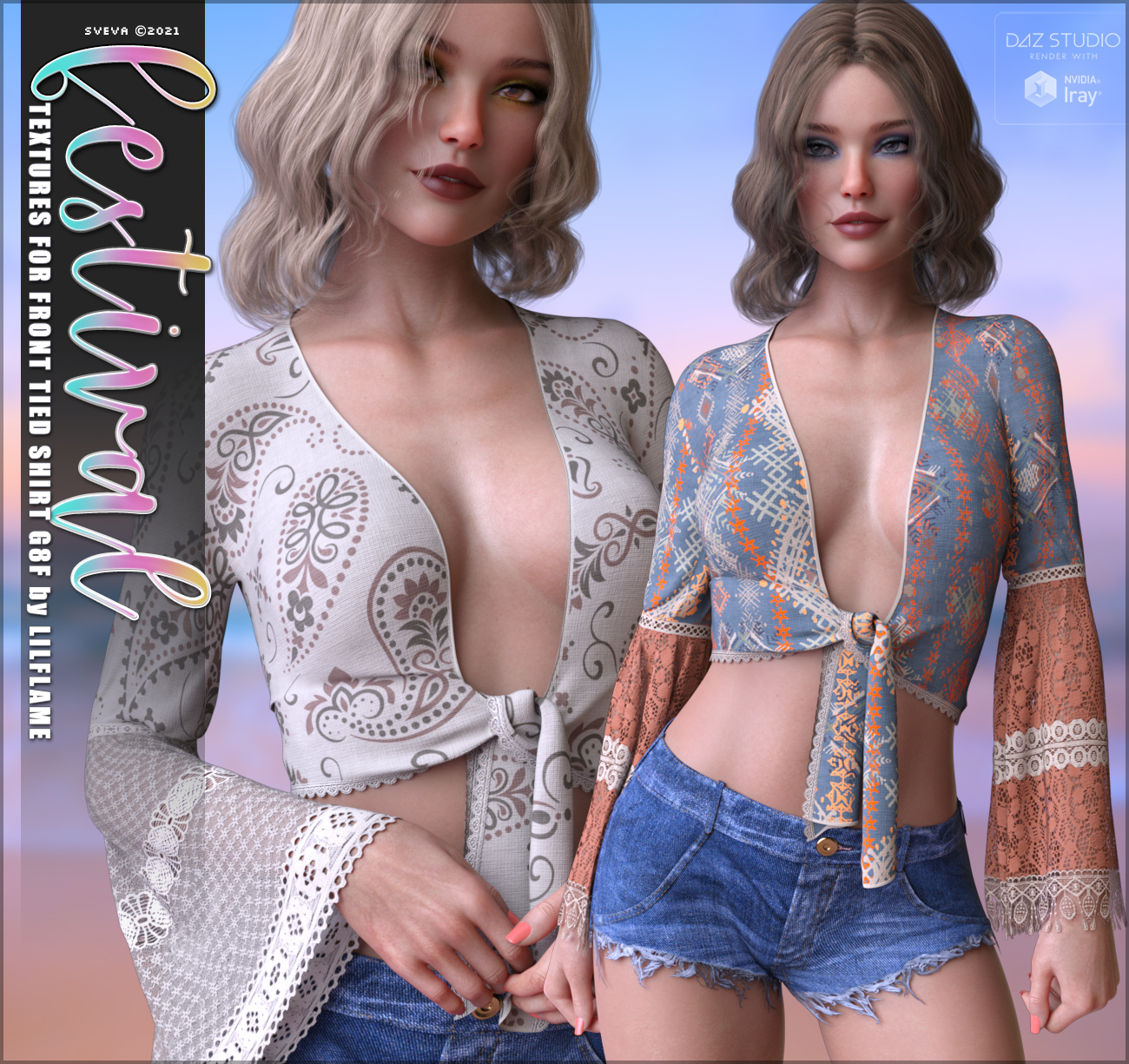 Festival Textures for Front Tied Shirt G8F by: Sveva, 3D Models by Daz 3D