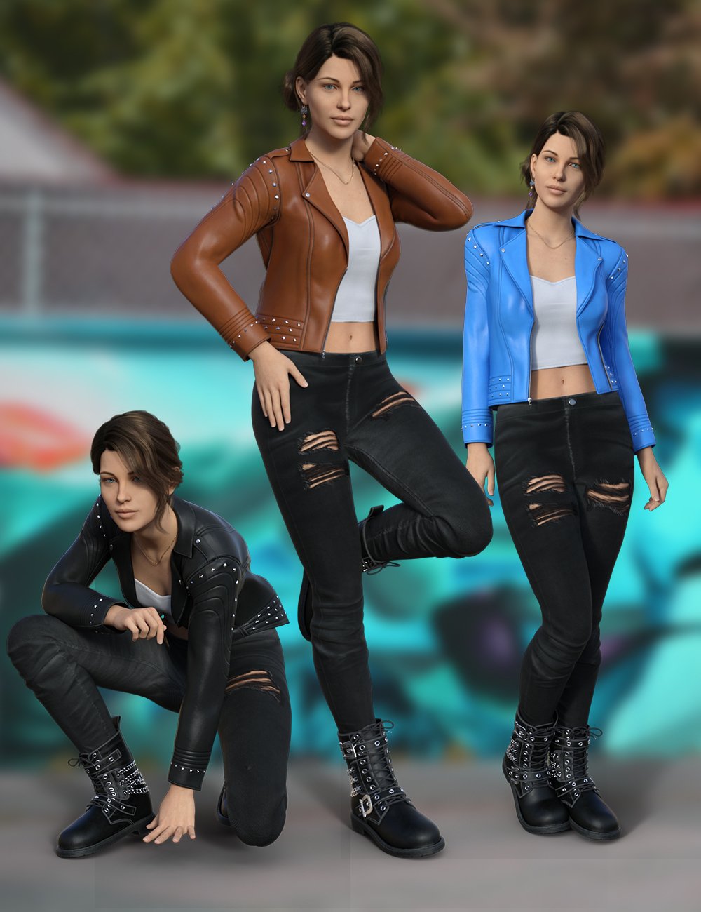 Cool Girl Leather Outfit for Genesis 9, 8.1, and 8 Female by: sjdlkad, 3D Models by Daz 3D