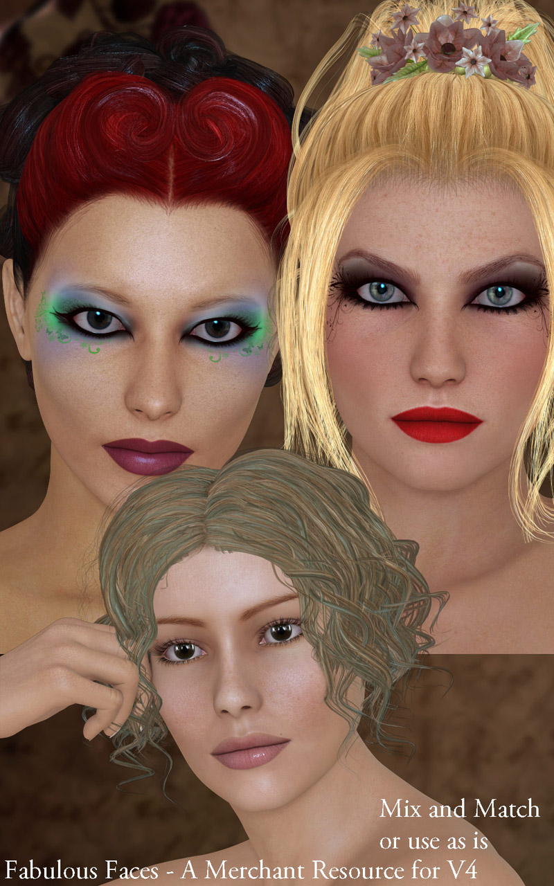 Fabulous Faces for V4 - Merchant Resource by: Kaleya, 3D Models by Daz 3D