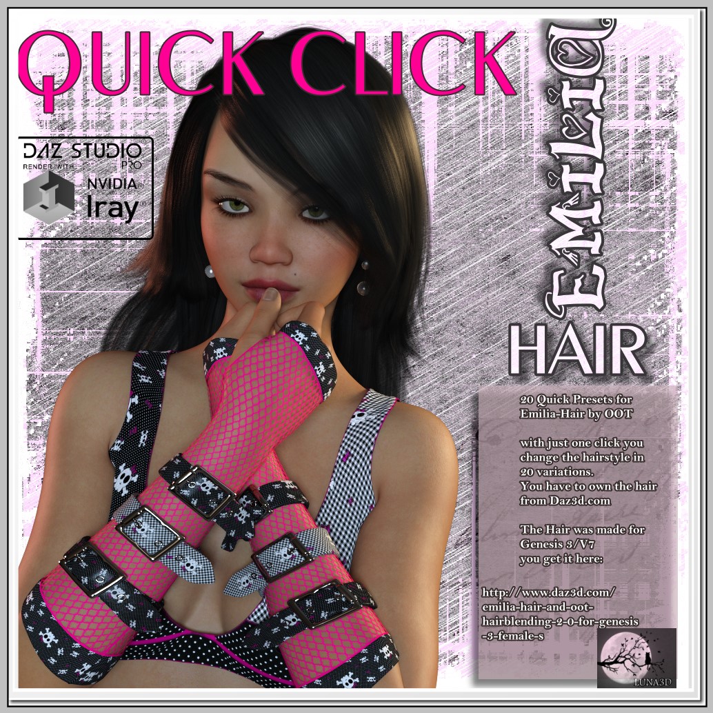Quick Click: Quick Styles for Emilia Hair by OOT by: LUNA3D, 3D Models by Daz 3D