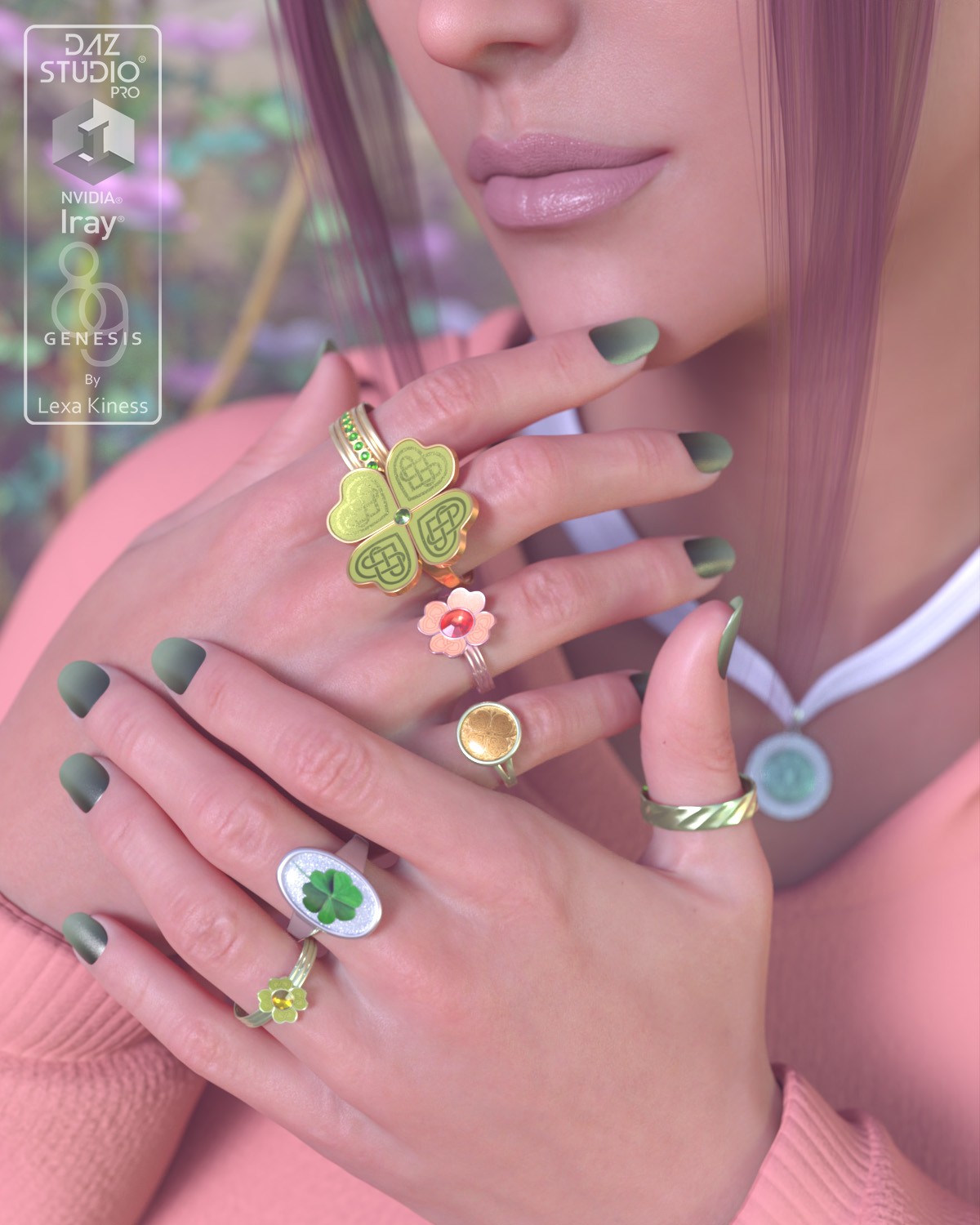 Lucky Shamrocks - Rings for Genesis 8 and 9 by: Lexa Kiness, 3D Models by Daz 3D