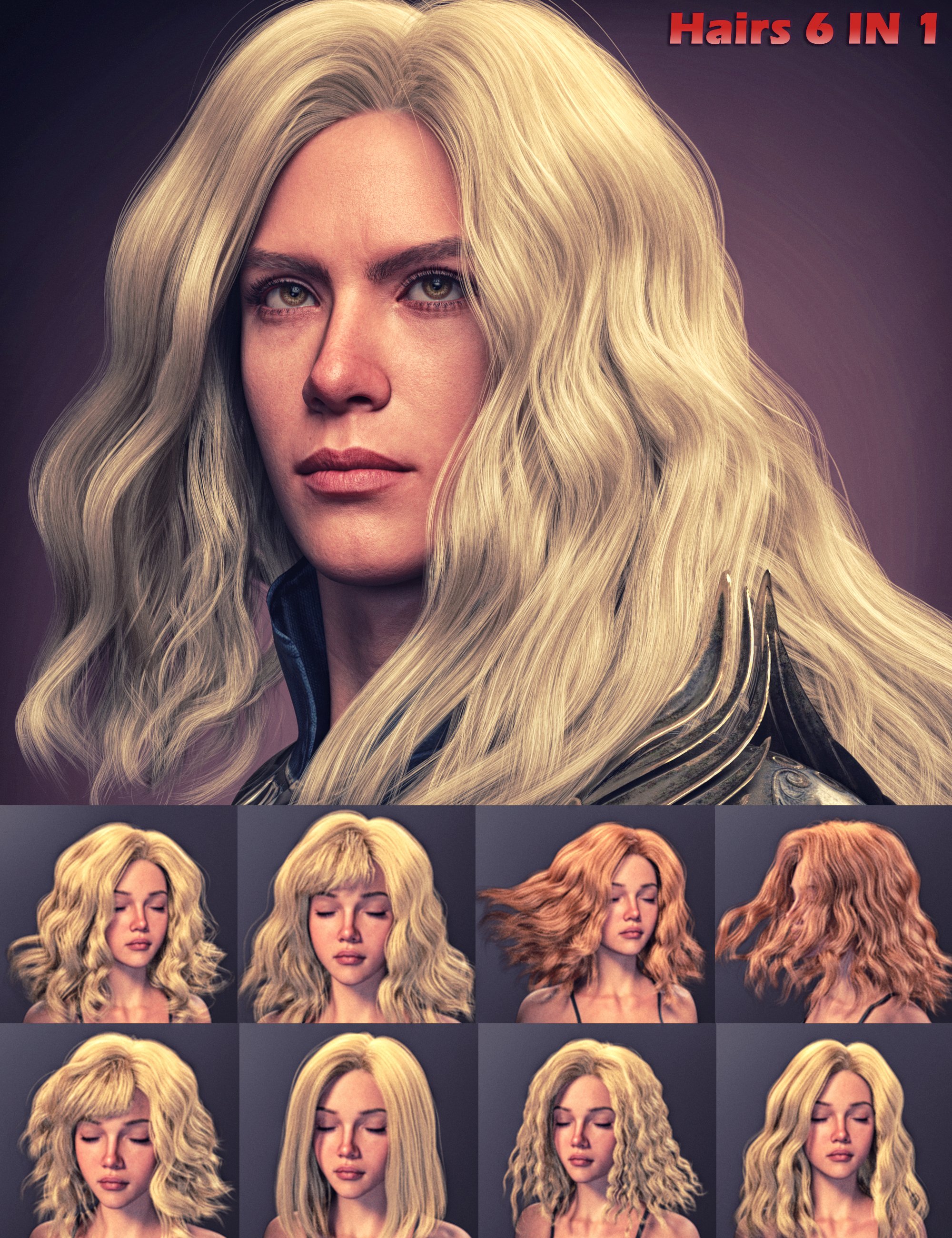 FE Lithe Princess Curl Hair 6 in 1 for Genesis 9 by: FeSoul, 3D Models by Daz 3D