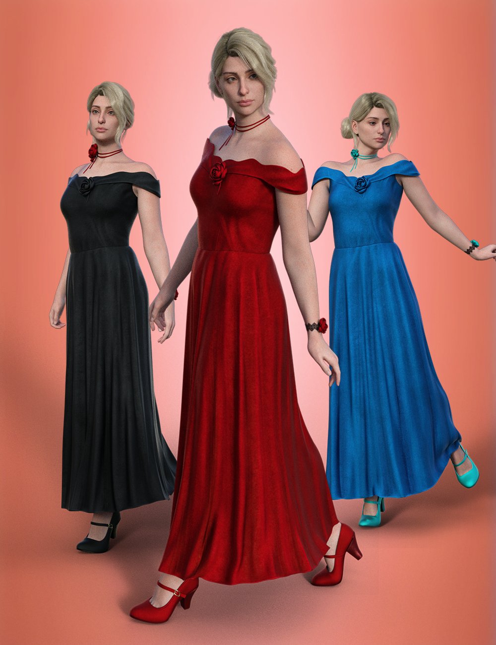 dForce Rose Velvet Dress Outfit for Genesis 9 by: sjdlkad, 3D Models by Daz 3D