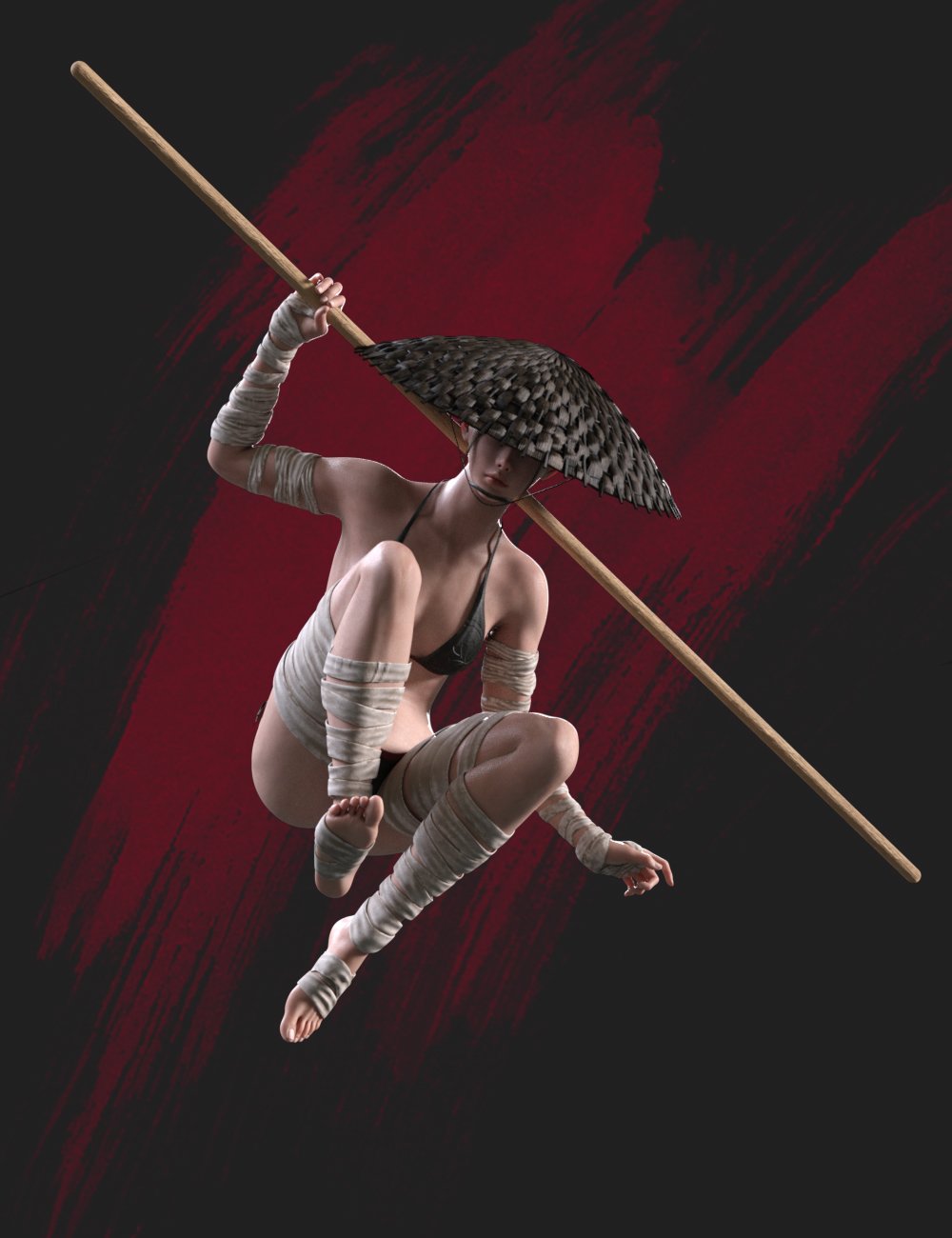 KuJ Long Stick Martial Arts Poses for Genesis 9 by: Kujira, 3D Models by Daz 3D